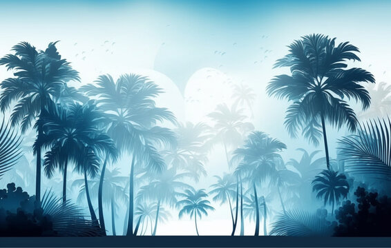 pastel palms on blue background with copy space 