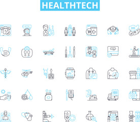 HealthTech linear icons set. Telemedicine, Wearables, EHR, AI, Virtual reality, Robotics, Nanotechnology line vector and concept signs. Genetics,Digital health,Cybersecurity outline illustrations