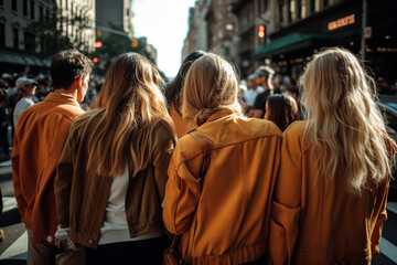 Fototapeta premium Crowd of people in busy street back view. Digitally generated AI image. Not an actual real people.