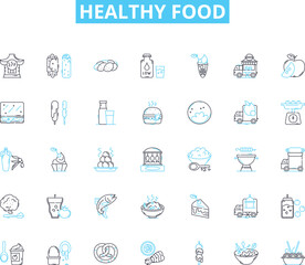 Healthy food linear icons set. Nutritious, Wholesome, Organic, Balanced, Fresh, Sustainable, Clean line vector and concept signs. Vitamin-rich,Fiber-rich,Low-calorie outline illustrations