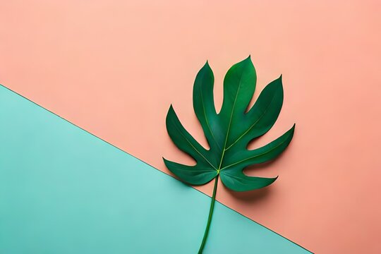 Tropical monstera leaves isolated on pastel spring background with copy space