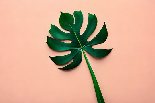 Green tropical monstera leaves isolated on pastel spring background with copy space