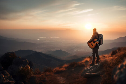 Man with guitar in mountains on sunset in search of inspiration. Digitally generated AI image. Not an actual real person.