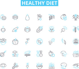 Healthy diet linear icons set. Nutrition, Cleanse, Balance, Grains, Meal-prep, Hydrate, Proteins line vector and concept signs. Superfoods,Fiber,Greens outline illustrations
