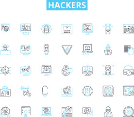 Hackers linear icons set. Cybercriminals, Intruders, Crackers, Hacktivists, Black hats, White hats, Rogue line vector and concept signs. Spies,Cyberpunks,Phreakers outline illustrations