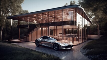 Obraz premium Effortless Elegance: A Sophisticated Home Powered by Transparent Solar Panels and a Luxury Electric Car with Sustainable Integratio, Generative ai