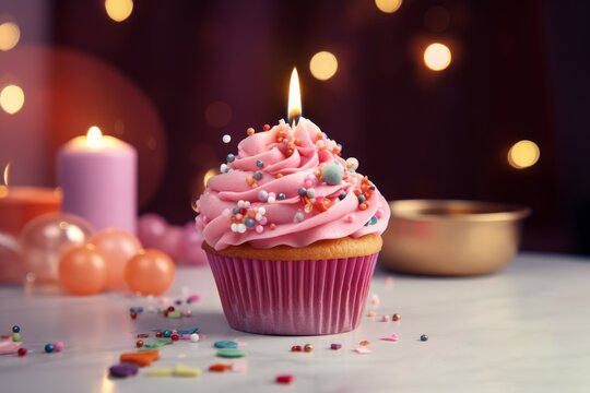 Birthday pink cupcake. Generate Ai