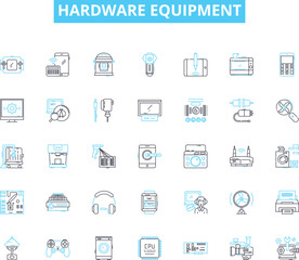 Fototapeta na wymiar Hardware equipment linear icons set. Processor, Graphics, Motherboard, Memory, Storage, Display, Keyboard line vector and concept signs. Mouse,Audio,Ethernet outline illustrations