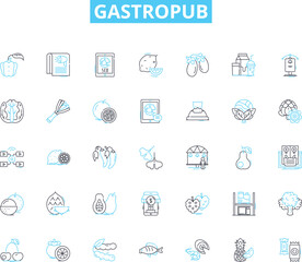 Gastropub linear icons set. Beer, Bite, Booze, Brewery, Brunch, Bullseye, Casual line vector and concept signs. Comfort,Cozy,Craft outline illustrations