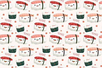Hand drawn various kawaii sushi. Cute colored vector seamless pattern.Vector illustration