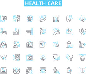 Health care linear icons set. Wellness, Medicine, Insurance, Prevention, Diagnosis, Rehabilitation, Emergency line vector and concept signs. Surgery,Therapy,Nutrition outline illustrations