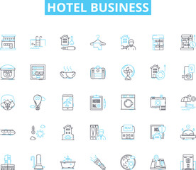 Hotel business linear icons set. Accommodation, Hospitality, Service, Comfort, Luxury, Travel, Room line vector and concept signs. Reservation,Amenities,Restaurant outline illustrations