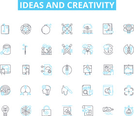 Ideas and creativity linear icons set. Ingenuity, Innovation, Imagination, Resourcefulness, Conceptualization, Invention, Brainstorm line vector and concept signs. Inspiration,Visionary