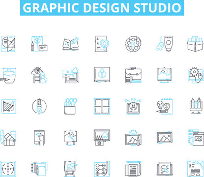 Graphic design studio linear icons set. Creativity, Typography, Branding, Logos, Illustration, Layout, Color line vector and concept signs. Composition,Animation,Infographics outline illustrations