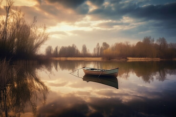 Boat in picturesque forest lake in autumn. Digitally generated AI image