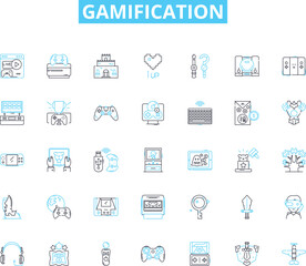 Gamification linear icons set. Incentives, Rewards, Metrics, Feedback, Engagement, Contests, Challenges line vector and concept signs. Progression,Personalization,Competition outline illustrations