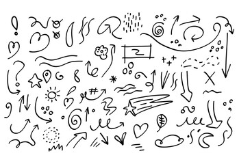 Decorative hand drawn shapes. Doodles lines elements, ink line arrow and flower calligraphy sign sketch. Isolated vector illustration