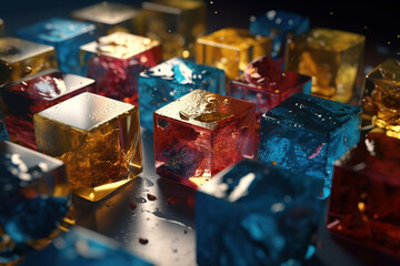 Colourful glass cubes with water drops. Digitally generated AI image