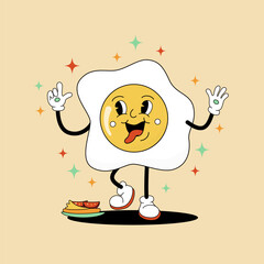 Comic flat Fried Egg with face on decorated background. Vector cartoon illustration in groovy retro style with breakfast set. Image of fresh tasty breakfast character with smile for template or design