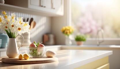 Fototapeta na wymiar Empty kitchen counter worktop for product display. White flowers vase. Generative ai