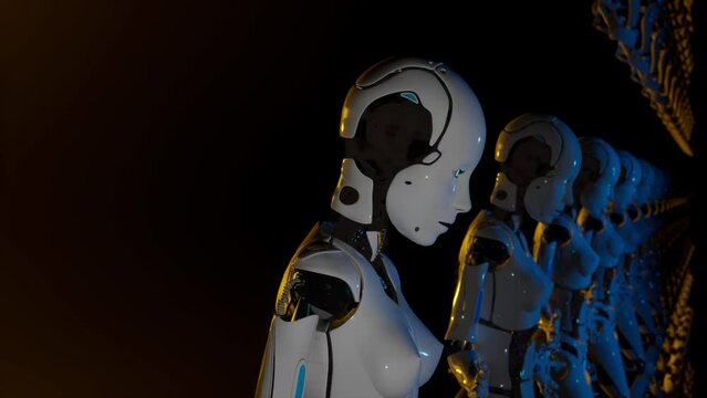 3d render motion graphic animation of robot artificial intelligence standing in line Camera closeup slide