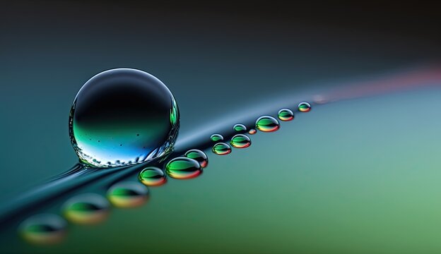 AI-generated extreme close-up illustration of drops of water over a gradient green-blue-black background. MidJourney.