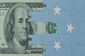 puzzle with the national flag of Federated States of Micronesia and dollar money banknote. macro.concept.