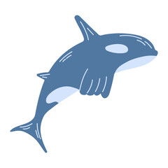 Blue killer whale or Orca isolated on white background. Sea animal, underwater inhabitant. Modern hand drawn flat illustration.