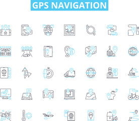 Gps navigation linear icons set. Satellites, Coordinates, Maps, Location, Routing, Waypoints, Signals line vector and concept signs. Accuracy,Tracking,Compass outline illustrations
