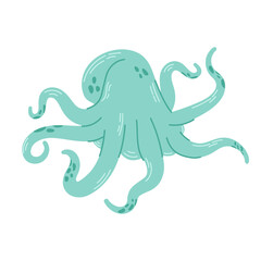 Green octopus isolated on white background. Marine animal or mollusc with tentacles, underwater inhabitant. Modern hand drawn flat illustration.