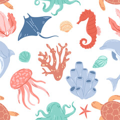 Seamless pattern with sea inhabitants and seaweed. Background with marine elements. Cute texture for kids room design, Wallpaper, textiles, wrapping paper, apparel.