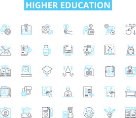 Higher education linear icons set. Learning, Knowledge, Courses, Scholarships, Degree, Graduation, Research line vector and concept signs. Faculty,Curriculum,Internships outline illustrations