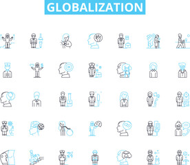Globalization linear icons set. Interconnectedness, Integration, Interdependence, Homogenization, Cultural exchange, Standardization, Internationalization line vector and concept signs. Modernization