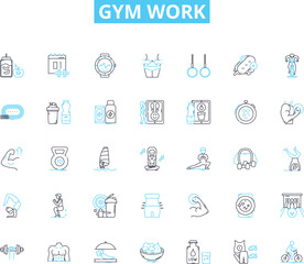 Gym work linear icons set. Cardio, Strength, Weights, Resistance, Endurance, Flexibility, Mobility line vector and concept signs. Agility,Plyometrics,Circuit outline illustrations