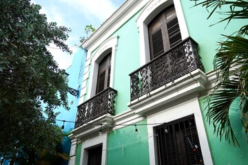 Ornate iron balconies on colourful homes in Old San Juan
