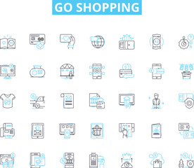 Go shopping linear icons set. Retail, Mall, Groceries, Boutique, Megastore, Outlet, Shopping cart line vector and concept signs. Department store,Sales,Accessories outline illustrations