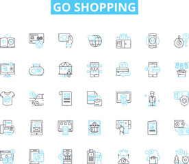 Go shopping linear icons set. Retail, Mall, Groceries, Boutique, Megastore, Outlet, Shopping cart line vector and concept signs. Department store,Sales,Accessories outline illustrations