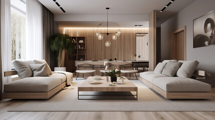 Living room in a modern, minimalist, and warm style.