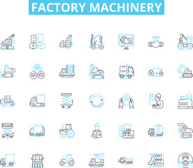Factory machinery linear icons set. Automation, Assembly, Production, Efficiency, Robotics, Conveyors, Welding line vector and concept signs. Milling,Machining,Fabrication outline illustrations