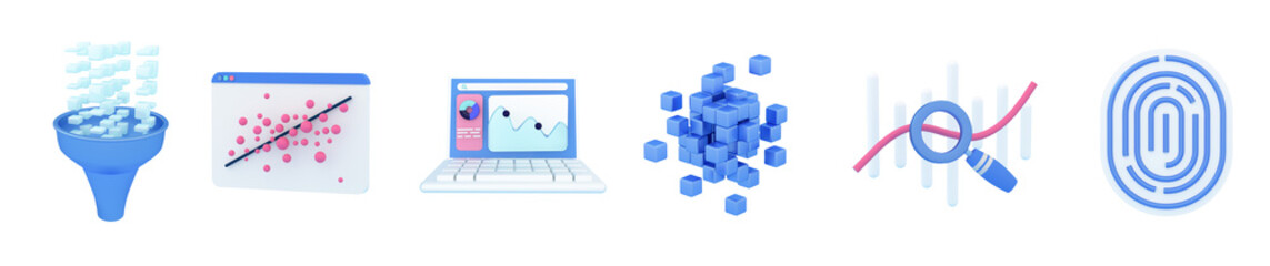 Innovative data analytics, informative visualization, security icon, sharing and cloud service concepts. 3d render illustration. Big Set of bright 3d data science icons. © Elena Sharipova