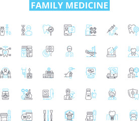 Family medicine linear icons set. Preventive, Comprehensive, Primary, Care, General, Consultation, Diagnostics line vector and concept signs. Screening,Immunizations,Counseling outline illustrations