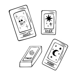 Hand-drawn doodle illustration of tarot cards death star, moon.