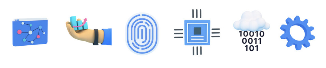 Set of 3d data science icons.  Innovative data analytics, informative visualization, security icon, sharing and cloud service concepts. 3d render illustration