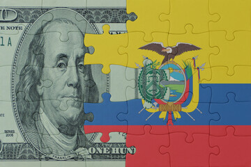 puzzle with the national flag of ecuador and dollar money banknote. macro.concept.