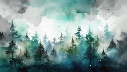 Obraz premium watercolor winter scene with green and blue pine trees Generative AI
