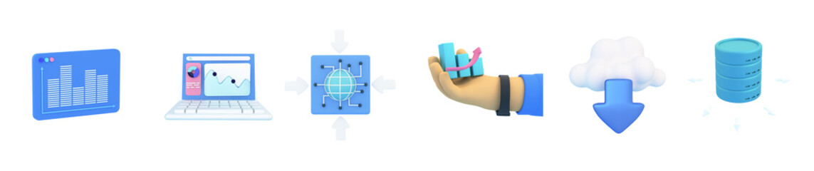 Big data 3d icons set.  Innovative data analytics, informative visualization, security icon, sharing and cloud service concepts. 3d render illustration