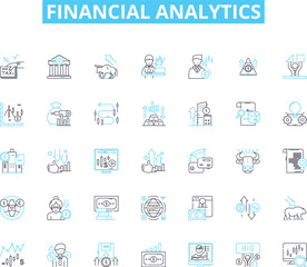 Financial analytics linear icons set. Revenue, Profitability, Forecasting, Budgeting, Optimization, Analysis, Risk line vector and concept signs. Performance,Metrics,Trends outline illustrations