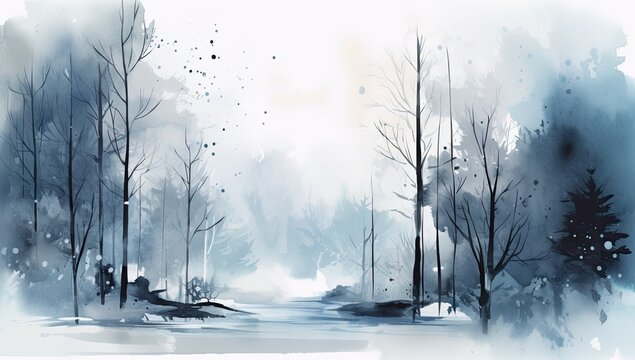 winter time in nature watercolor forest in blue and grey Generative AI