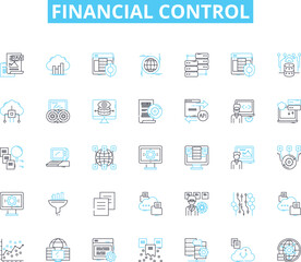 Financial control linear icons set. Budgeting, Planning, Savings, Investment, Expenses, Income, Forecasting line vector and concept signs. Analysis,Costing,Cashflow outline illustrations