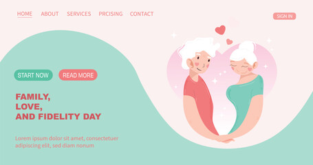 WebHot drinks and love concept. Young loving smiling couple man and woman standing holding cups mugs with hot tea or coffee enjoying time together vector illustration